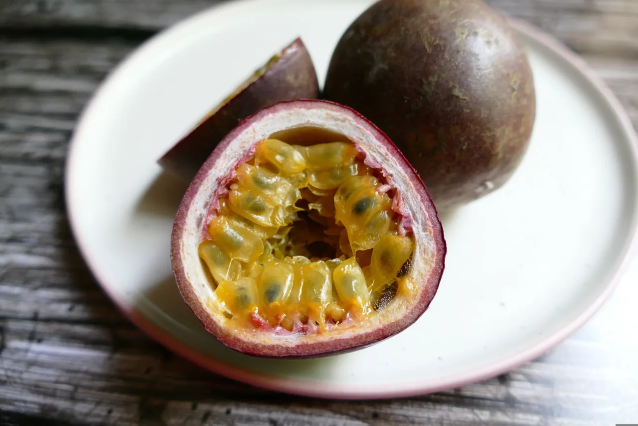 Aufgeschnittene Passionsfrucht auf einem weissen Teller